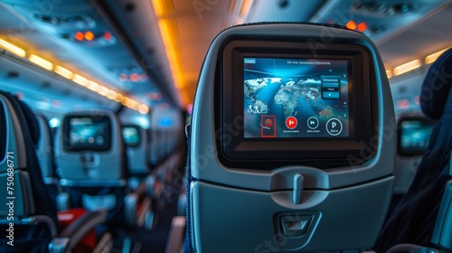 View of an in-flight entertainment screen mounted on an airplane seat back, showcasing various media options. photo