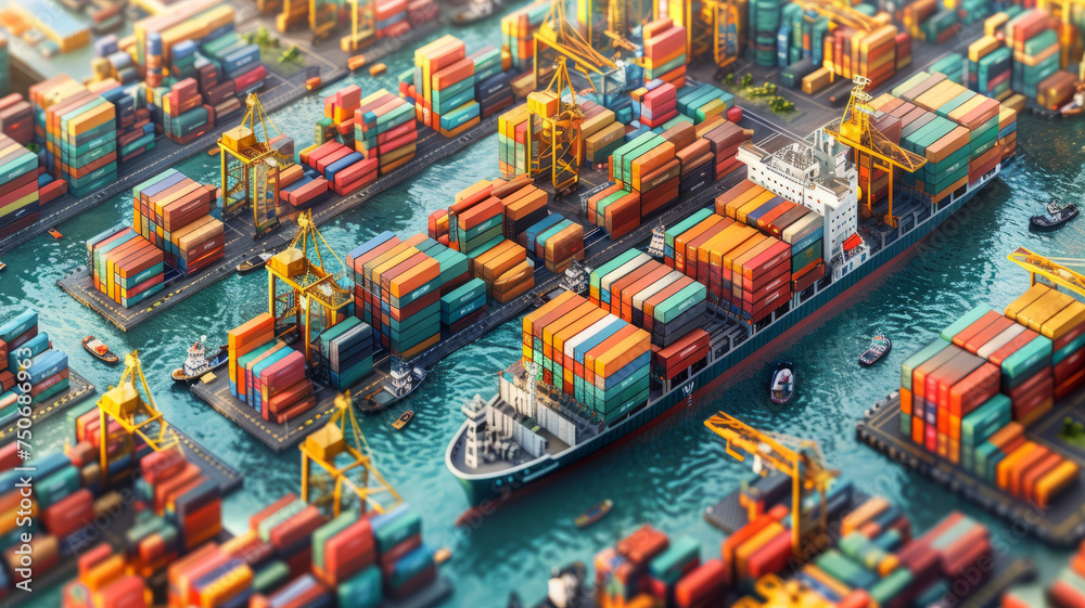 Cargo port illustration. Isometric projection. Big ship,generative ai