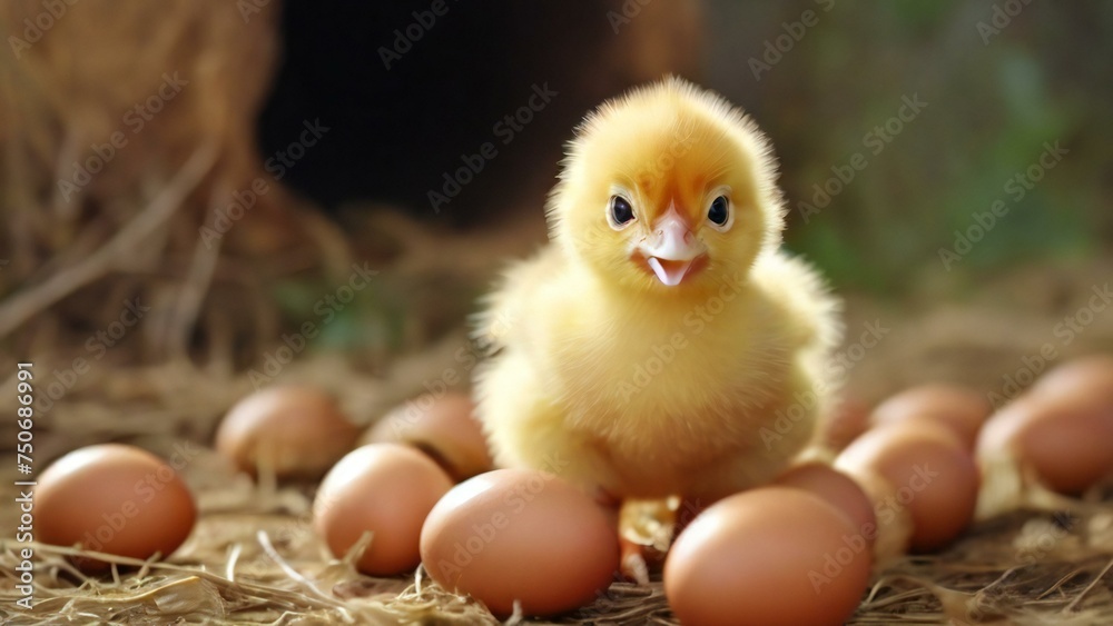 Baby chicken and eggs in the farm