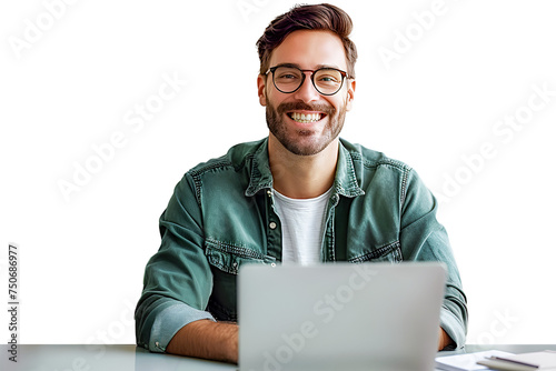 Isoalted young man with laptop on white photo