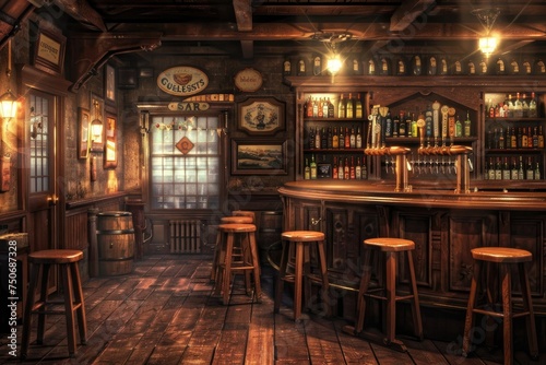 Illustration of a pub with wooden walls  bar counter and chairs