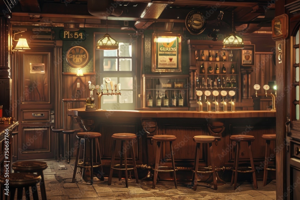 Obraz premium Illustration of a pub with wooden walls, bar counter and chairs