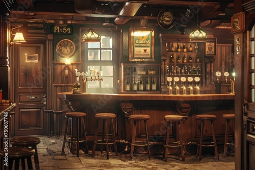 Illustration of a pub with wooden walls, bar counter and chairs © MrHamster