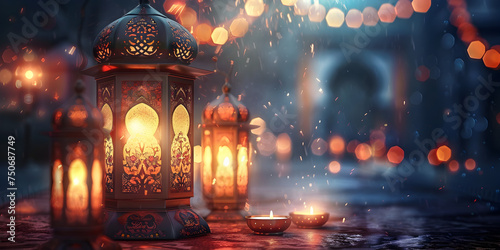 Lantern with bokeh background Ramadan background  traditional lantern generative AI 