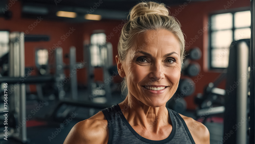 Fototapeta premium Portrait of a sporty adult woman in the gym training