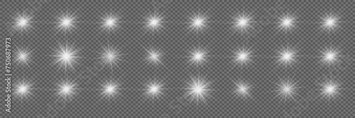 Set of glowing stars, light effect. On a transparent background.