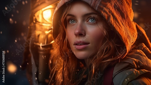 Woman in hood movie adventure, blockbuster style, cinematic. Portrait with flame, sparks, with a bonfire in the background. Advertising of the travel clothing brand, hiking equipment