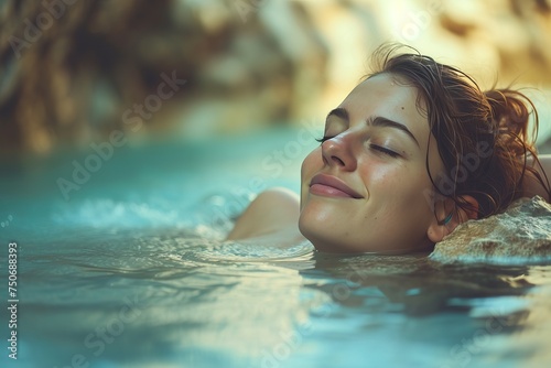 happy beautiful young caucasian woman relaxing in hot spring pool in the morning