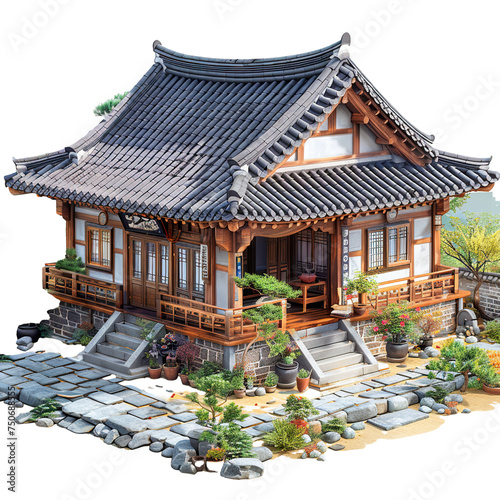 house from the 1888 year in China, Korea, Japan isometric illustration isolated PNG © JetHuynh