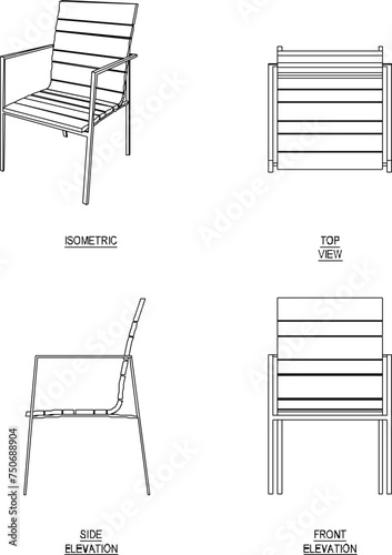 Vector sketch illustration of the design of a relaxing armchair with a backrest seen from various sides