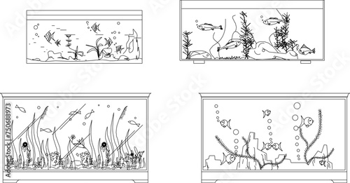 Vector sketch illustration of glass aquarium house interior decoration design with swimming fish and water plants