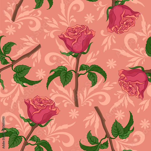 Seamless Pattern, Roses Flowers and Leaves on Floral Background. Vector