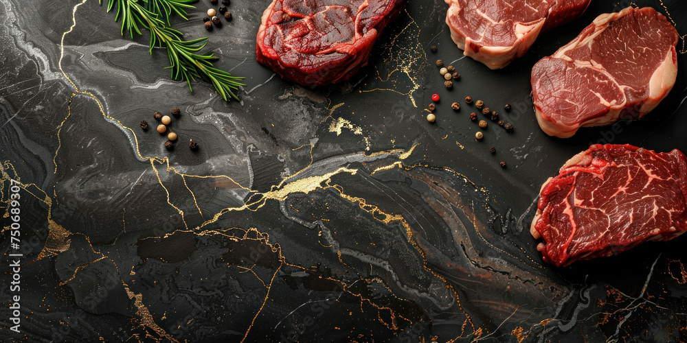 Raw Beef Steaks with Rosemary and Spices on Marble Table for Cooking and Grilling Concept