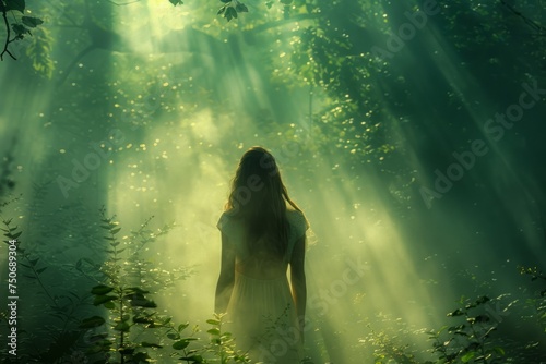 Mystical Forest Scene with Woman Standing in Sunlit Woods Surrounded by Magical Greenery and Light Rays