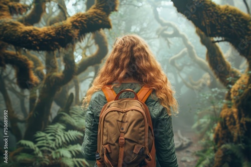 Adventurous Woman with Backpack Exploring Misty Enchanted Forest – A Journey Through Mysterious Wilderness
