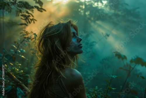 Mystical Forest Sunrise with Ethereal Woman Embracing Nature's Tranquility, Enigmatic Female amidst Morning Mist and Sunbeams