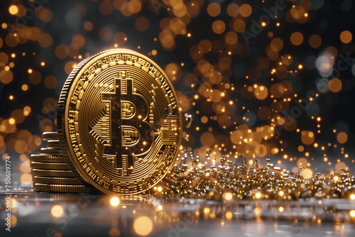 Stacked gold Bitcoin coins, with one coin standing foreground in golden radiant hue backdrop and golden bokeh. Bitcoin cryptocurrency based on blockchain technology. Decentralized virtual currency.