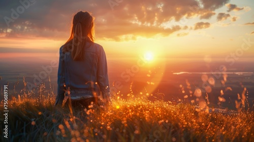 Serene Woman Enjoying Sunset in Golden Field - Peaceful Evening Scenery with Vibrant Skies