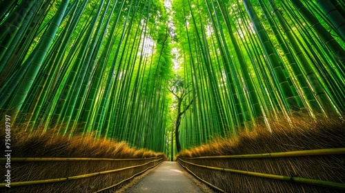Enchanting Bamboo Forest Pathway Surrounded by Tall Green Bamboo Canes with Sunlight Filtering Through Foliage