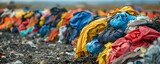 A heap of clothes in a landfill representing fast fashion waste includes various colors and styles. Concept Fashion Waste, Fast Fashion, Landfill Pollution, Clothing Overconsumption