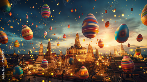 Easter eggs falling from the sky in Thailand with ancient temples and the Chao Phraya River © Phichet1991
