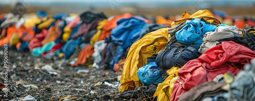 A heap of clothes in a landfill representing fast fashion waste includes various colors and styles. Concept Fashion Waste, Fast Fashion, Landfill Pollution, Clothing Overconsumption photo