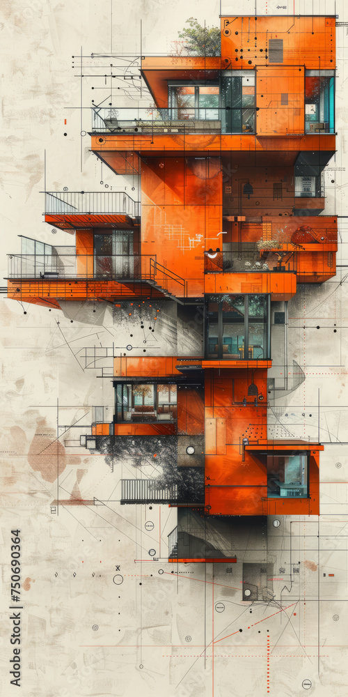 Exquisite digital artwork: intricate brown-orange tones, dynamic lighting, with element, depicting a continuous line suburban scene on light backdrop.generative ai
