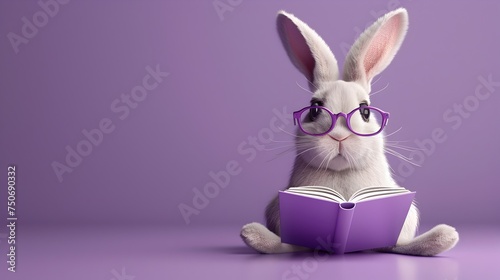 Rabbit in Glasses Reading a Book on a Purple Background photo