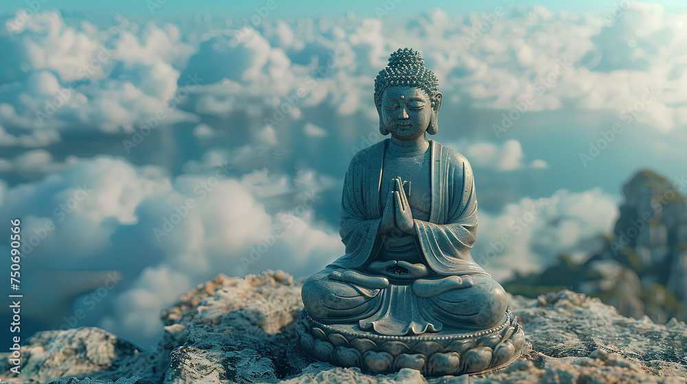 Fototapeta premium Buddha statue praying above the clouds with a clear sky