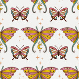 Butterfly hippie retro. Vector pattern. Flower Power drawing. Animal nature in Zen boho style. 70s 60s Summer Groovy
