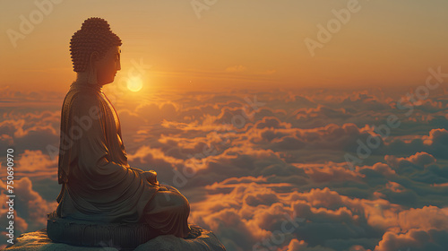 Buddha statue praying above the clouds with a clear sky