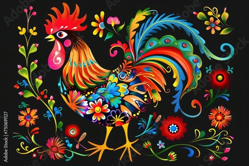 a colorful rooster with flowers