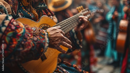 A detailed shot of a pair of hands playing a traditional folk instrument, with the focus on the fingers strumming the strings, set against a backdrop of May Day revelers dancing