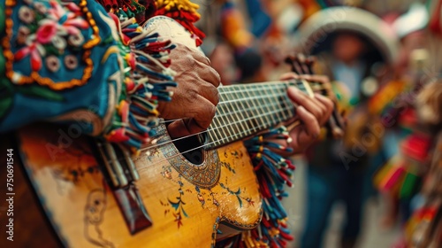 A detailed shot of a pair of hands playing a traditional folk instrument, with the focus on the fingers strumming the strings, set against a backdrop of May Day revelers dancing