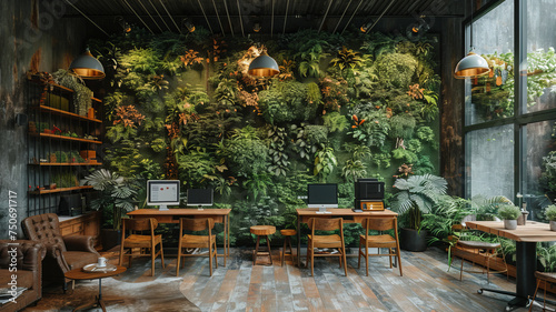 Modern office of ecological and sustainable architecture and design with plants, vertical garden, wooden furniture and computer,generative ai