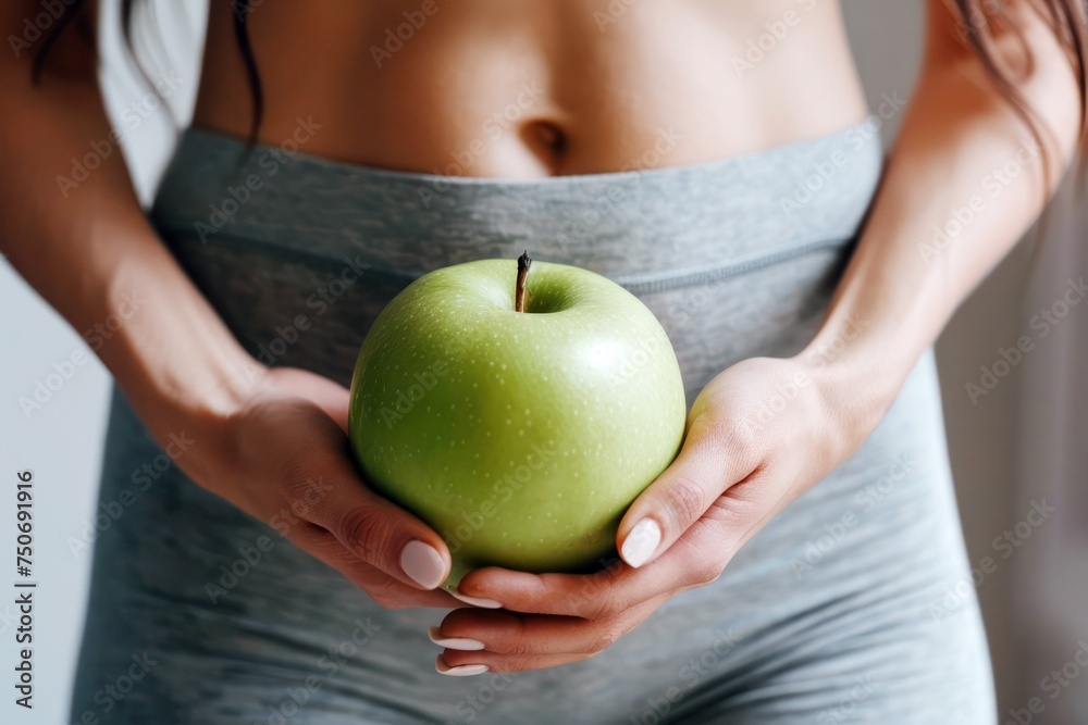 young woman holding green apple, weight loss diet concept young woman holding green apple, weight loss diet concept