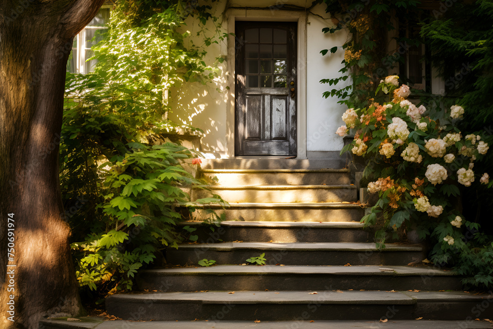 Front door steps idea with concrete stairs and flower plant decoration. Front door steps idea with concrete stairs and flower plant decoration.