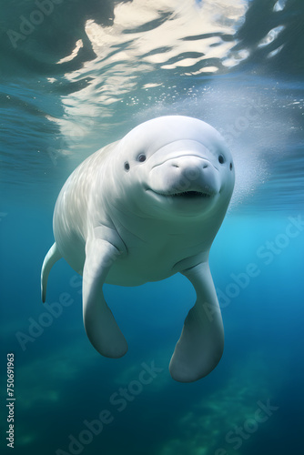 Beautiful Beluga Whale Swimming Tranquilly in a Transparent Underwater Landscape © Jeffery