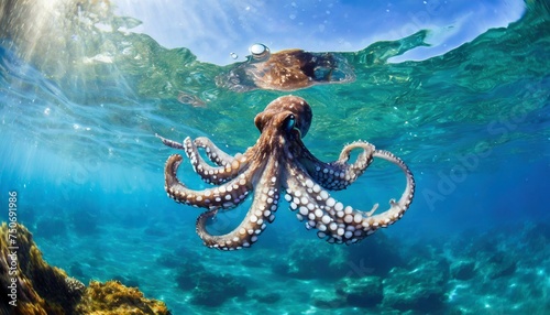 A giant octopus floating under water, sea, ocean, animal