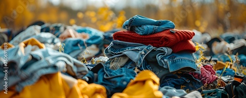 The Fast Fashion Waste: A Heap of Clothes in a Landfill. Concept Sustainable Fashion, Textile Waste, Environmental Impact, Clothing Consumption, Circular Economy,