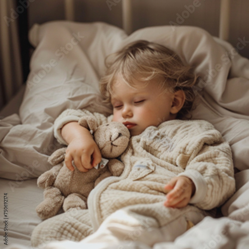 Carefree sleep little baby with a soft toy on the bed ai technology