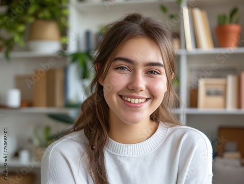 A beautiful, smiling young woman with a confident and pretty face, exuding warmth and happiness