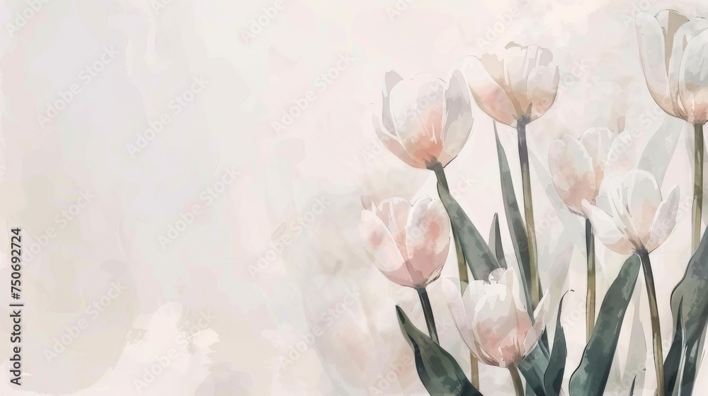 Watercolor Painting of Tulips on the Corners and Margins - White Tulips with Pink Inlays and Pointed Tips - Big Brushstrokes Impressionist Style Tulips Wallpaper created with Generative AI Technology - obrazy, fototapety, plakaty 