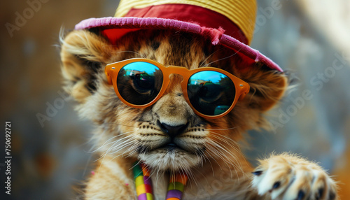 Playful Lion Cub with Sunglasses and Colorful Necklace