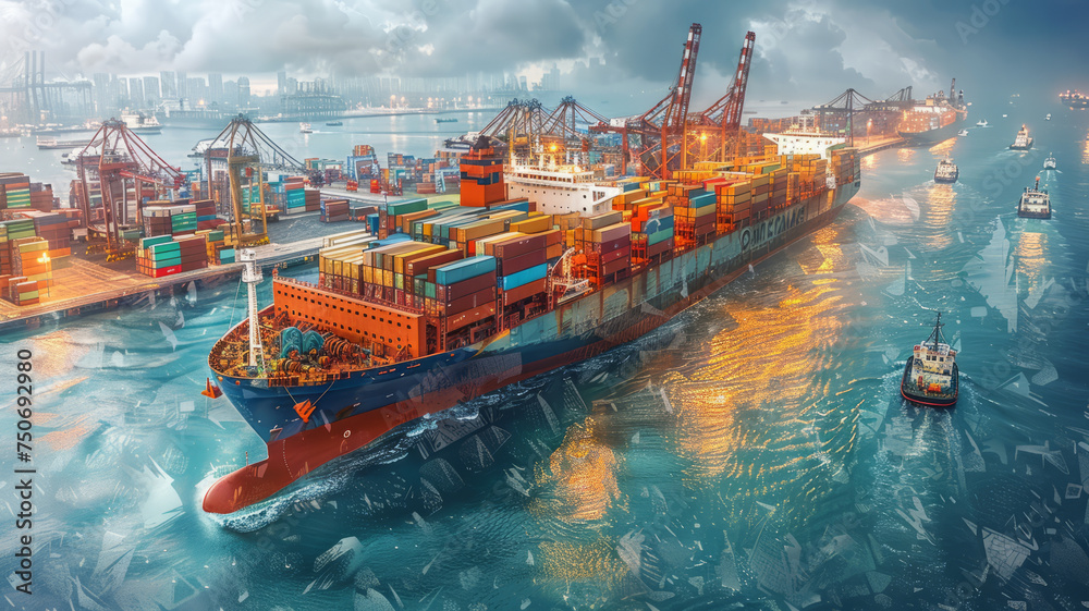 Fototapeta premium Cargo port illustration. Isometric projection. Big ship,generative ai