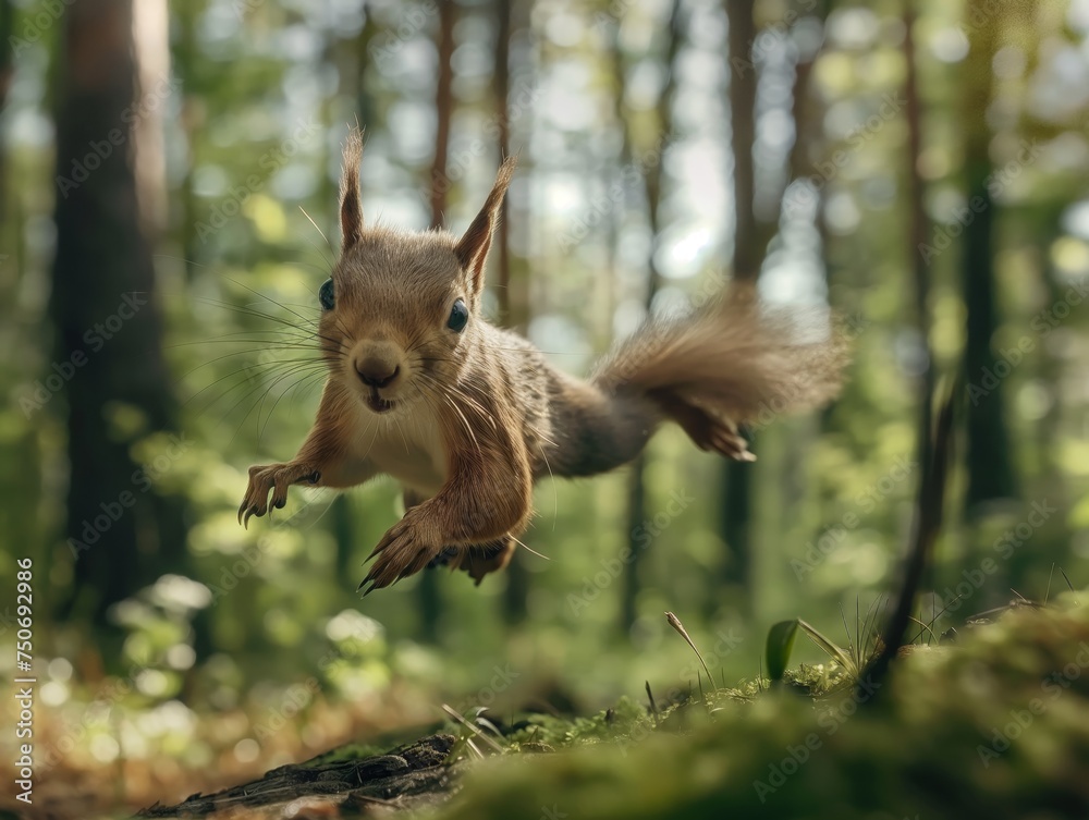 Captivating close-up of a squirrel in a dynamic super jump, showcasing agility in a summer forest