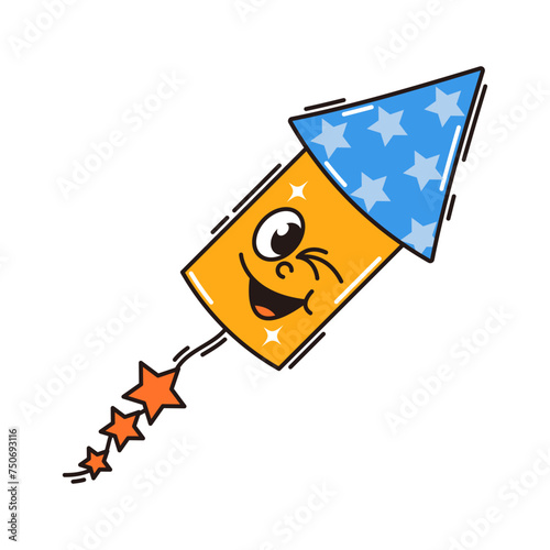 Happy birthday sticker in retro groovy style. Vintage character firecracker rocket flying. Funky mascot with psychedelic smile. Vector illustration isolated on transparent background.