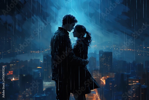 couples kissing in rain over the city
