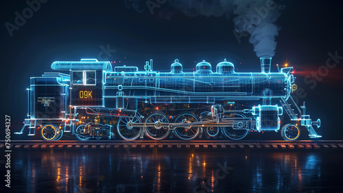 vintage steam train blue wireframe blue prints, old train wireframe standing on the station,generative ai photo