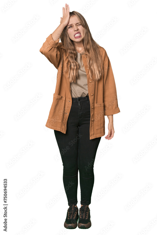 Studio portrait of a blonde Caucasian woman forgetting something, slapping forehead with palm and closing eyes. Studio portrait of a blonde Caucasian woman forgetting something, slapping forehead with palm and closing eyes.